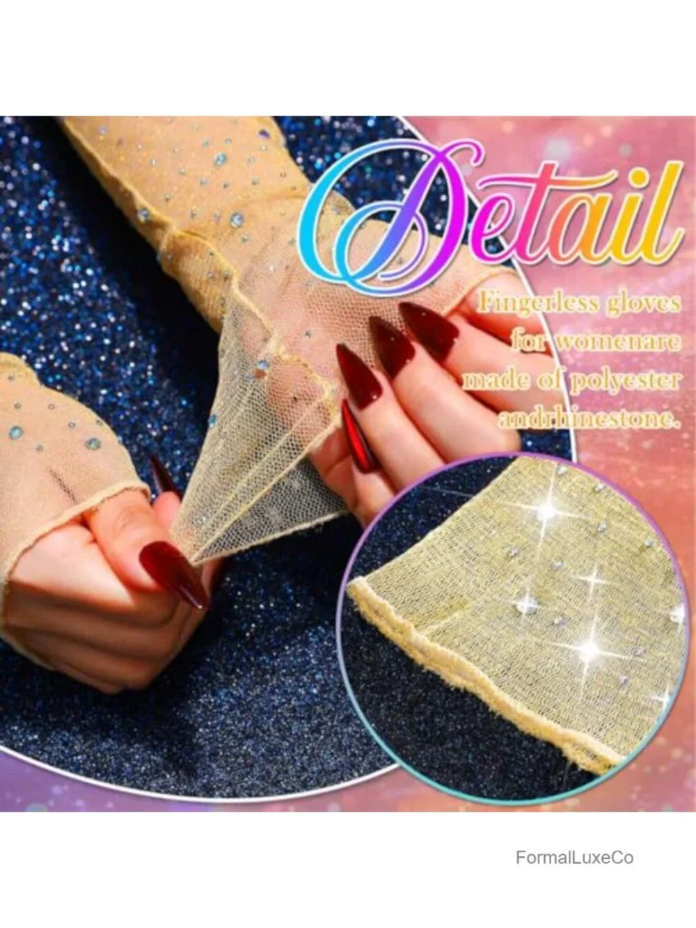 Fingerless Rhinestone Mesh Elbow Length Gloves Prom Costume